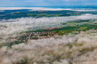 Luftbild von Ort im Nebel vor dem Windpark Fürstenau in Höxter im Bundesland Nordrhein-Westfalen, Deutschland