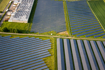 Luftaufnahme von Panelreihen der Photovoltaikanlage und Solarpark bzw. Solarkraftwerk im Ortsteil Bredenborn in Marienmünster im Bundesland Nordrhein-Westfalen, Deutschland