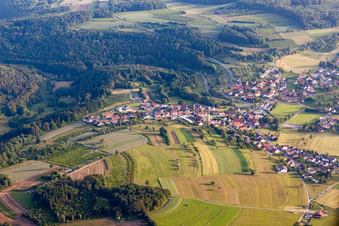 Dorf - Ansicht am Rande von landwirtschaftlichen Feldern und Nutzflächen im Ortsteil Laudenberg in Limbach im Bundesland Baden-Württemberg, Deutschland
