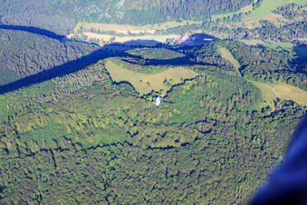 Luftbild von Bauwerk des Aussichtsturmes Schönbergturm im Wald in Pfullingen im Bundesland Baden-Württemberg, Deutschland