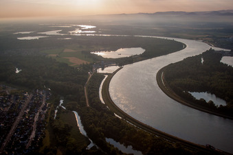 Kurvenförmige Schleife der Uferbereiche am Rhein an der deutsch französischen Grenze Flussverlauf in Drusenheim in Alsace-Champagne-Ardenne-Lorraine im Bundesland Bas-Rhin, Frankreich