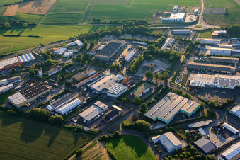 Luftbild von Industriegebiet Industriestraße mit Exide Technologies GmbH und Eichhorn AG Bauzentrum Büdingen im Bundesland Hessen, Deutschland