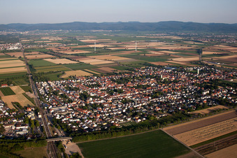 Schrägluftbild von Ortsansicht der Straßen und Häuser der Wohngebiete in Böhl-Iggelheim im Bundesland Rheinland-Pfalz, Deutschland