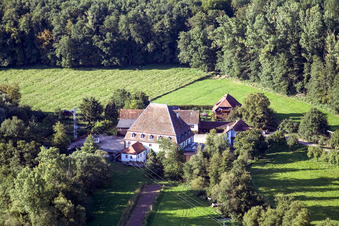 Historische Wassermühle am Gehöft eines Bauernhofes am Rand von bestellten Feldern im Ortsteil Bienwaldmühle in Scheibenhardt im Bundesland Rheinland-Pfalz, Deutschland