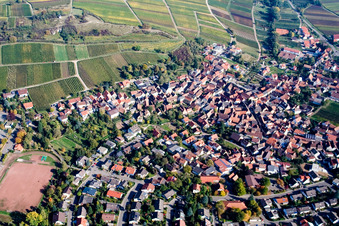 Dorf - Ansicht am Rande von Weinbergen und der Kapelle im Naturschutzgebiet Kleine Kalmit in Ilbesheim bei Landau in der Pfalz im Bundesland Rheinland-Pfalz, Deutschland