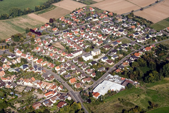 Ortsansicht der Straßen und Häuser der Wohngebiete in Billigheim-Ingenheim im Bundesland Rheinland-Pfalz, Deutschland von oben