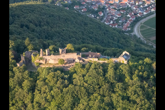 Burgruine Madenburg aus Westen in Eschbach im Bundesland Rheinland-Pfalz, Deutschland von oben