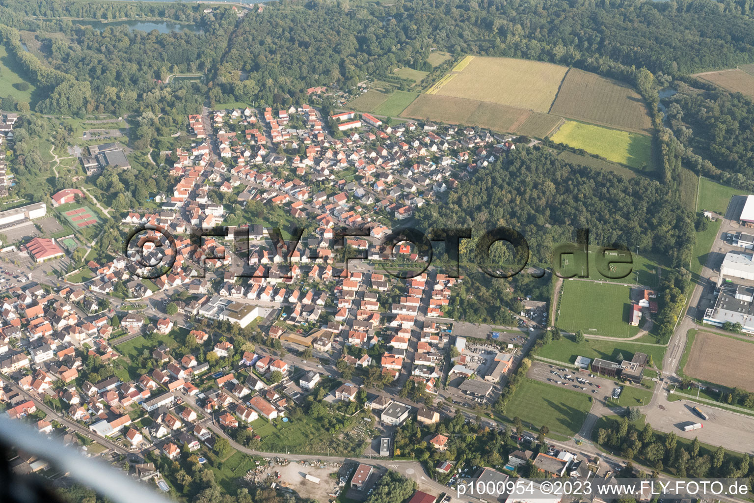 Drusenheim im Bundesland Bas-Rhin, Frankreich vom Flugzeug aus