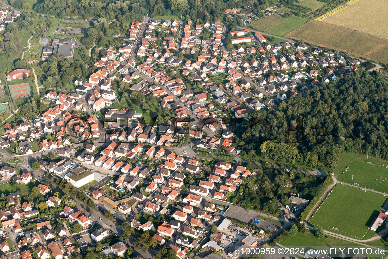 Luftbild von Ortsansicht der Straßen und Häuser der Wohngebiete in Drusenheim in Grand Est im Bundesland Bas-Rhin, Frankreich
