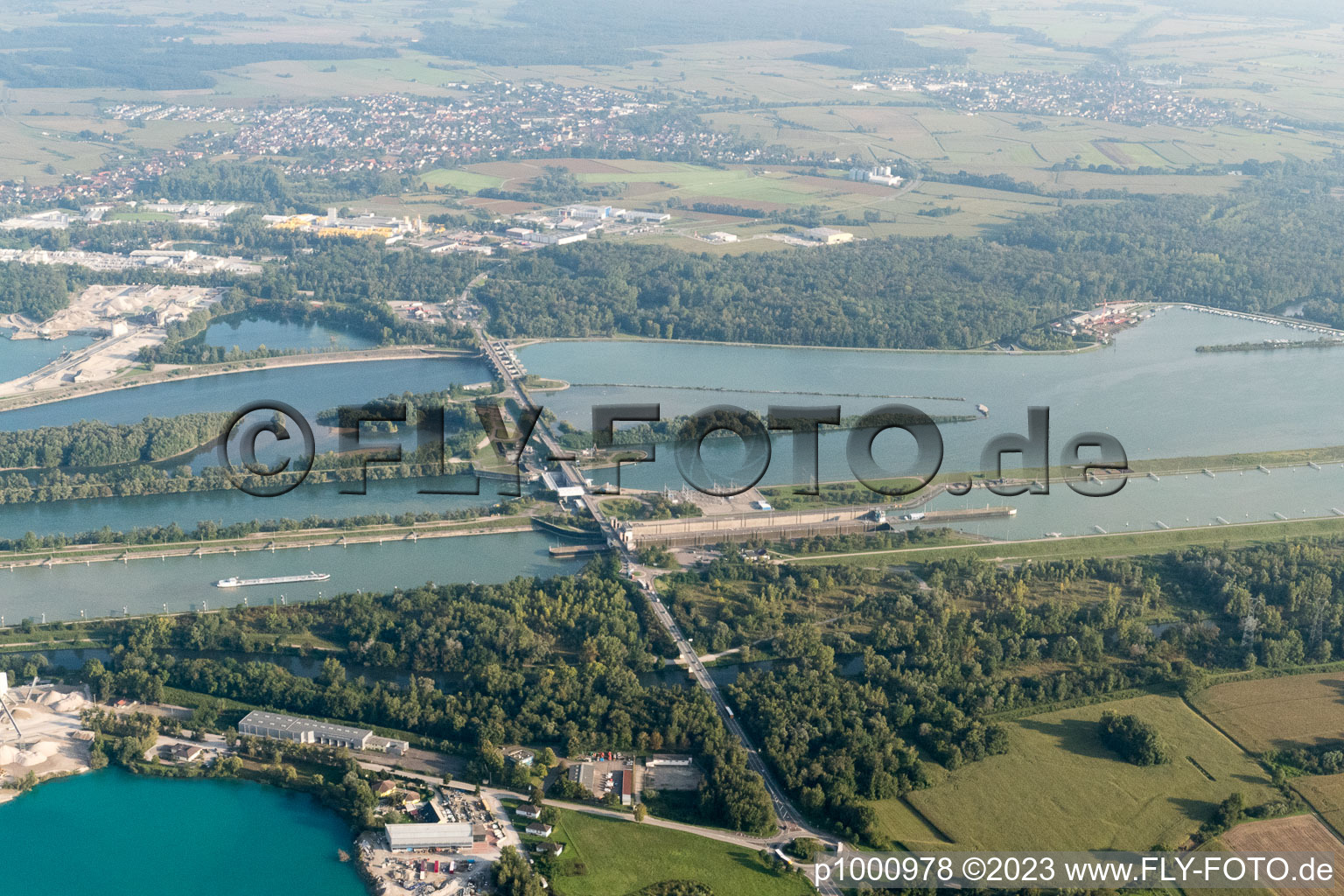 Luftbild von Gambsheim, Schleuse bei Freistett im Bundesland Bas-Rhin, Frankreich