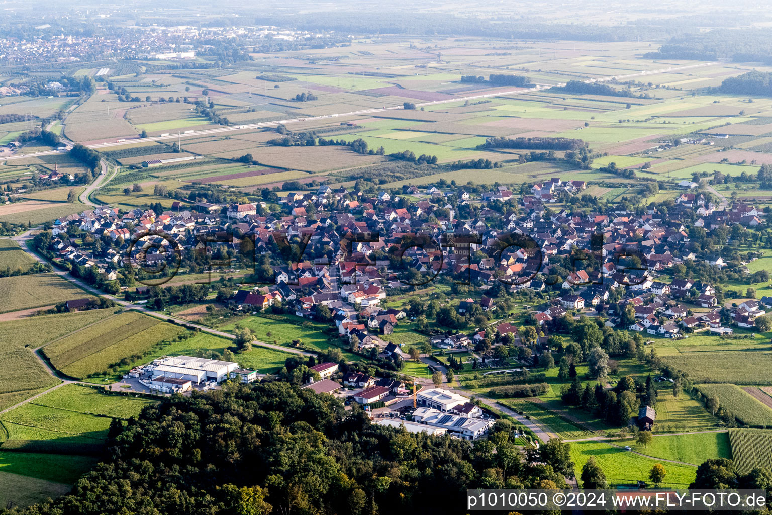 Dorf - Ansicht am Rande von landwirtschaftlichen Feldern und Nutzflächen in Achern im Ortsteil Wagshurst im Bundesland Baden-Württemberg, Deutschland