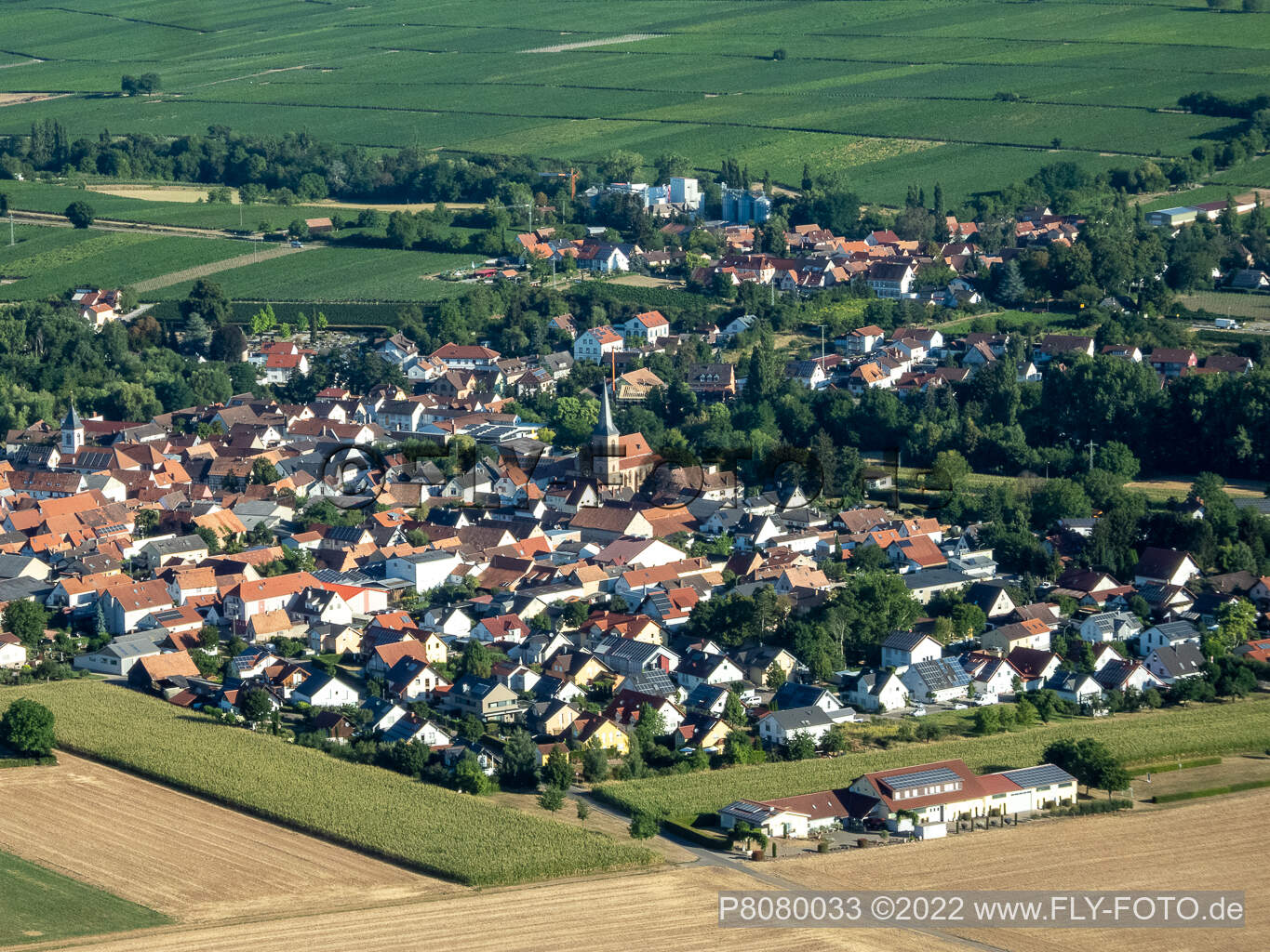 Ortsteil Mühlhofen in Billigheim-Ingenheim im Bundesland Rheinland-Pfalz, Deutschland aus der Luft betrachtet