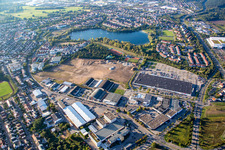 Neubau- Baustelle im Gewerbegebiet Schütte-Lanz-Park in Brühl im Bundesland Baden-Württemberg, Deutschland von oben