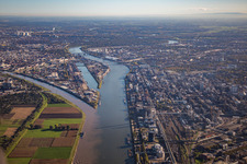 Luftbild von Mühlauhafen und Neckarmündung im Ortsteil Innenstadt in Mannheim im Bundesland Baden-Württemberg, Deutschland