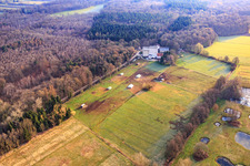 Mobeler Hühnerstall der Biohühnerfarm von  Hofladen Stoltz an der Hardtmühle in Kandel im Bundesland Rheinland-Pfalz, Deutschland von oben gesehen