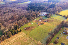 Mobeler Hühnerstall der Biohühnerfarm von  Hofladen Stoltz an der Hardtmühle in Kandel im Bundesland Rheinland-Pfalz, Deutschland vom Flugzeug aus