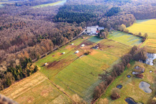 Mobeler Hühnerstall der Biohühnerfarm von  Hofladen Stoltz an der Hardtmühle in Kandel im Bundesland Rheinland-Pfalz, Deutschland aus der Vogelperspektive