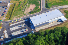 Schrägluftbild von EDEKA Burger im Gewerbegebiet Lauterburger Straße in Kandel im Bundesland Rheinland-Pfalz, Deutschland