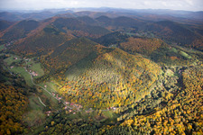 Herbstlich gefärbte Wald und Berglandschaft der Nordvogesen in Windstein in Alsace-Champagne-Ardenne-Lorraine im Bundesland Bas-Rhin, Frankreich