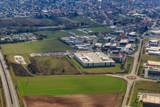 Luftbild von Industriegebiet Im Speyerer Tal mit ITK Engineering GmbH, TRANSAC Intern. Speditionsgesellschaft mbH und DBK David + Baader GmbH in Rülzheim im Bundesland Rheinland-Pfalz, Deutschland