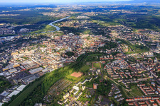 Stadtübersicht aus Osten am Main im Ortsteil Hanau-Altstadt im Bundesland Hessen, Deutschland