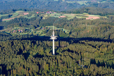 Luftbild von Fermeldeturm im Wald im Ortsteil Grab in Großerlach im Bundesland Baden-Württemberg, Deutschland