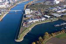 Luftaufnahme von Insel am Ufer des Flußverlaufes des Rhein und des Friesenheimer Altrheins im Ortsteil Friesenheimer Insel in Mannheim im Ortsteil Neckarstadt-West im Bundesland Baden-Württemberg, Deutschland