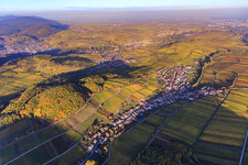 Schrägluftbild von Herbstlicht bunte Reben der Weinberge am Südhang des Haardtrands in Ranschbach im Bundesland Rheinland-Pfalz, Deutschland