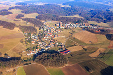 Dorfansicht im Odenwald aus Südwesten im Ortsteil Böllstein in Brombachtal im Bundesland Hessen, Deutschland