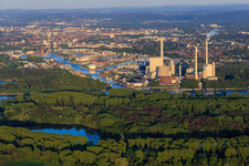 Luftbild von Karlsruher Rheinhäfen jenseits des Rheins mit EnBW Energie Baden-Württemberg AG, Rheinhafen-Dampfkraftwerk Karlsruhe am Abend aus Westen im Ortsteil Daxlanden, Deutschland