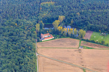 Lachenmühle am Waldrand mit Mühlseeen im Ortsteil Niederlustadt in Lustadt im Bundesland Rheinland-Pfalz, Deutschland
