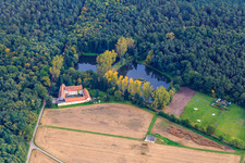 Luftbild von Lachenmühle am Waldrand mit Mühlseeen im Ortsteil Niederlustadt in Lustadt im Bundesland Rheinland-Pfalz, Deutschland
