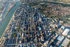 Gebäude und Produktionshallen auf dem Werksgelände des Chemieproduzenten BASF zwischen Rhein und Stadtteil Friesenheim in Ludwigshafen am Rhein im Bundesland Rheinland-Pfalz, Deutschland