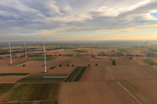 Windpark der EnBW - Windenergieanlage mit 6 Windrädern in Freckenfeld im Bundesland Rheinland-Pfalz, Deutschland aus der Drohnenperspektive