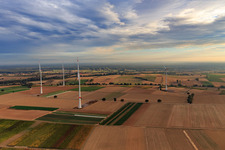 Windpark der EnBW - Windenergieanlage mit 6 Windrädern in Freckenfeld im Bundesland Rheinland-Pfalz, Deutschland von der Drohne aus gesehen
