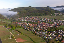 Schrägluftbild von Burg Landeck im Morgennebel in Klingenmünster im Bundesland Rheinland-Pfalz, Deutschland