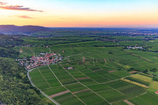 Winzerdorf im Abendlicht am Rand des Pfälzerwalds aus Süden in Eschbach im Bundesland Rheinland-Pfalz, Deutschland