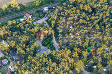 Wohnwagen und Zelte unter Kiefern auf dem Campingplatz - und Zeltplatz Camping am Oberuckersee im Ortsteil Warnitz in Oberuckersee im Bundesland Brandenburg, Deutschland