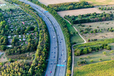 Autobahn A661 an der KGV Cronberger eV Anlage 12 im Ortsteil Preungesheim in Frankfurt am Main im Bundesland Hessen, Deutschland