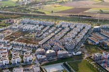 Schrägluftbild von Stadtrand und Außenbezirks- Wohngebiete Friedrich-Dessauer-Straße - Altenhöferallee - Johann-Georg-Elser-Straße - Rudolf-Schwarz-Platz im Ortsteil Kalbach-Riedberg in Frankfurt am Main im Bundesland Hessen, Deutschland