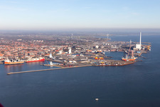 Luftbild von Hafen in Esbjerg im Bundesland Syddanmark, Dänemark