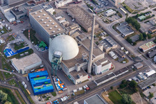 Ehemaliges KKW Phillippsburg nach der Sprengung zum Abriss der beiden Kühltürme in Philippsburg im Bundesland Baden-Württemberg, Deutschland von oben