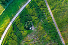 Luftbild von Irrgarten - Maislabyrinth bei Hofcafee Onkel Oskar der Bolz Landhandel GmbH auf einem Feld in Dettenheim im Ortsteil Rußheim im Bundesland Baden-Württemberg, Deutschland