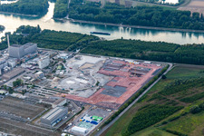 Schrägluftbild von Rückbau des KKW, Platz für den Gleichstrom in Philippsburg im Bundesland Baden-Württemberg, Deutschland