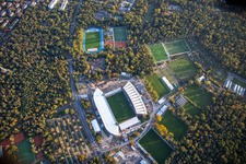 Erweiterungs- und Umbau- Baustelle am Sportstätten-Gelände des Stadion "Wildparkstadion" des KSC in Karlsruhe im Ortsteil Innenstadt-Ost im Bundesland Baden-Württemberg, Deutschland aus der Vogelperspektive