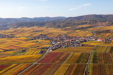 Herbstliche verfärbte Vegetationsansicht der Weinberge um das Winzerdorf in Kallstadt im Ortsteil Ungstein in Bad Dürkheim im Bundesland Rheinland-Pfalz, Deutschland