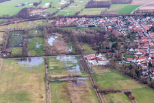 Luftbild von Überfluteter Flutgraben/Erlenbach an der Waschmühle in Billigheim-Ingenheim im Bundesland Rheinland-Pfalz, Deutschland