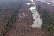 Luftbild von Otterbach mit überschwemmten Wiesen im Bienwald in Kandel im Bundesland Rheinland-Pfalz, Deutschland