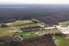 Luftaufnahme von Otterbachniederung bei Hochwasser bei der Hardtmühle in Minfeld im Bundesland Rheinland-Pfalz, Deutschland