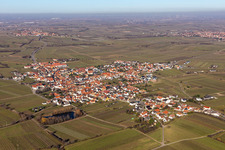 Stadtansicht vom Innenstadtbereich mit dem Stadtrand angrenzend an landwirtschaftliche Feldern in Kallstadt im Bundesland Rheinland-Pfalz, Deutschland